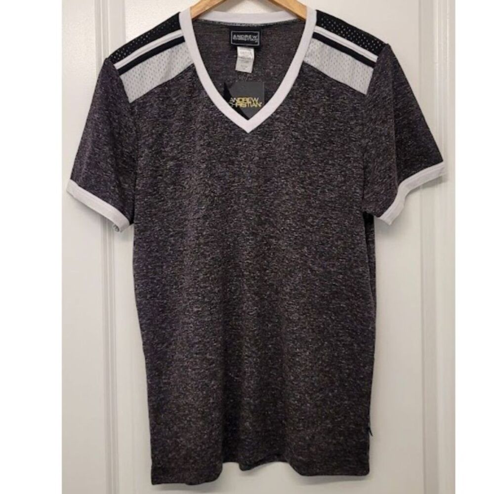 Andrew Christian Mesh Shoulder V Neck Shirt NWT Gray White Gay Muscle Men's L
